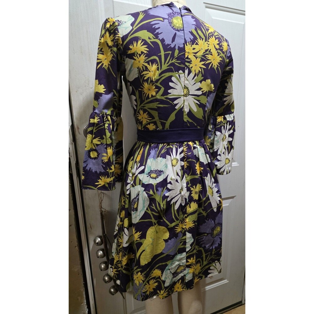 Purple Yellow Floral Appliqué Bell Sleeve Knee Length Women's A-Line Dress